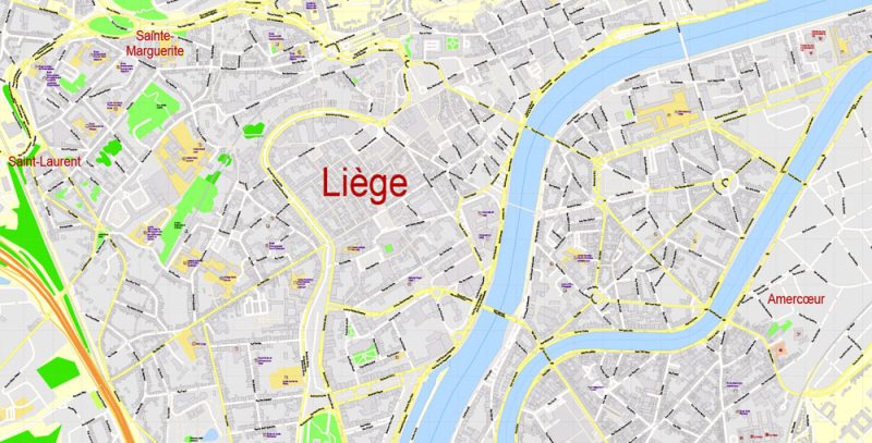 Printable Map Liege Grande Area, Belgium, exact vector street G-View Level 17 (100 meters scale) map ALL buildings, fully editable, Adobe Illustrator