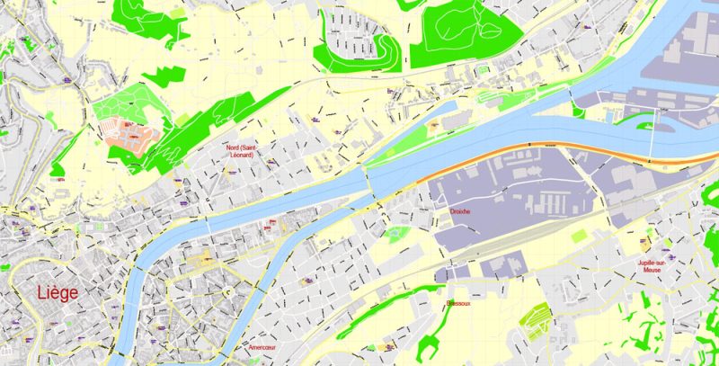 Printable Map Liege Grande Area, Belgium, exact vector street G-View Level 17 (100 meters scale) map ALL buildings, fully editable, Adobe Illustrator