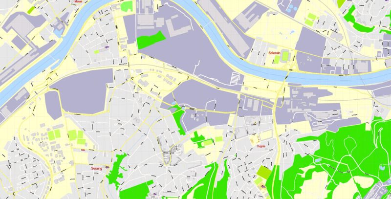 Printable Map Liege Grande Area, Belgium, exact vector street G-View Level 17 (100 meters scale) map ALL buildings, fully editable, Adobe Illustrator