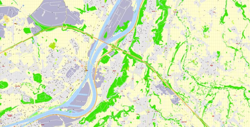 Printable Map Liege Grande Area, Belgium, exact vector street G-View Level 17 (100 meters scale) map, fully editable, Adobe Illustrator