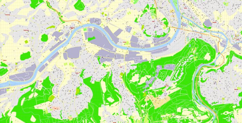 Printable Map Liege Grande Area, Belgium, exact vector street G-View Level 17 (100 meters scale) map, fully editable, Adobe Illustrator