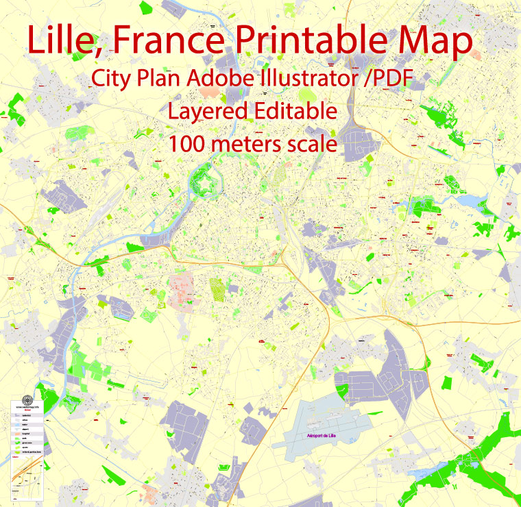 Printable Map Lille, France, exact vector street G-View Level 17 (100 meters scale) map, fully editable, Adobe Illustrator