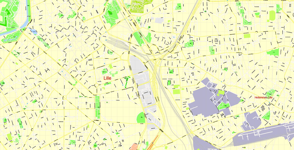 Printable Map Lille, France, exact vector street G-View Level 17 (100 meters scale) map, fully editable, Adobe Illustrator