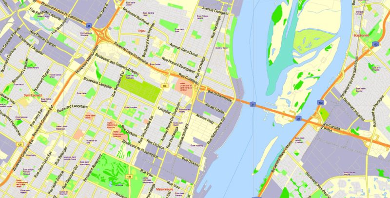 Printable Map Montreal Grande Area, Canada, exact vector Map street G-View City Plan Level 13 (2000 meters scale) full editable, Adobe Illustrator
