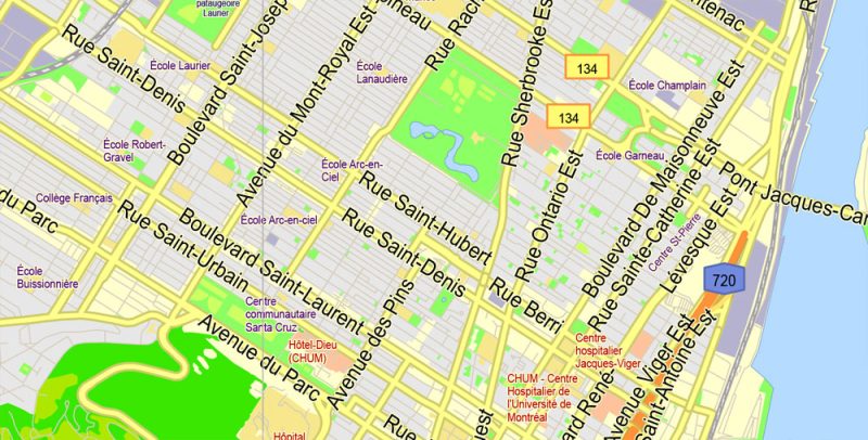 Printable Map Montreal Grande Area, Canada, exact vector Map street G-View City Plan Level 13 (2000 meters scale) full editable, Adobe Illustrator