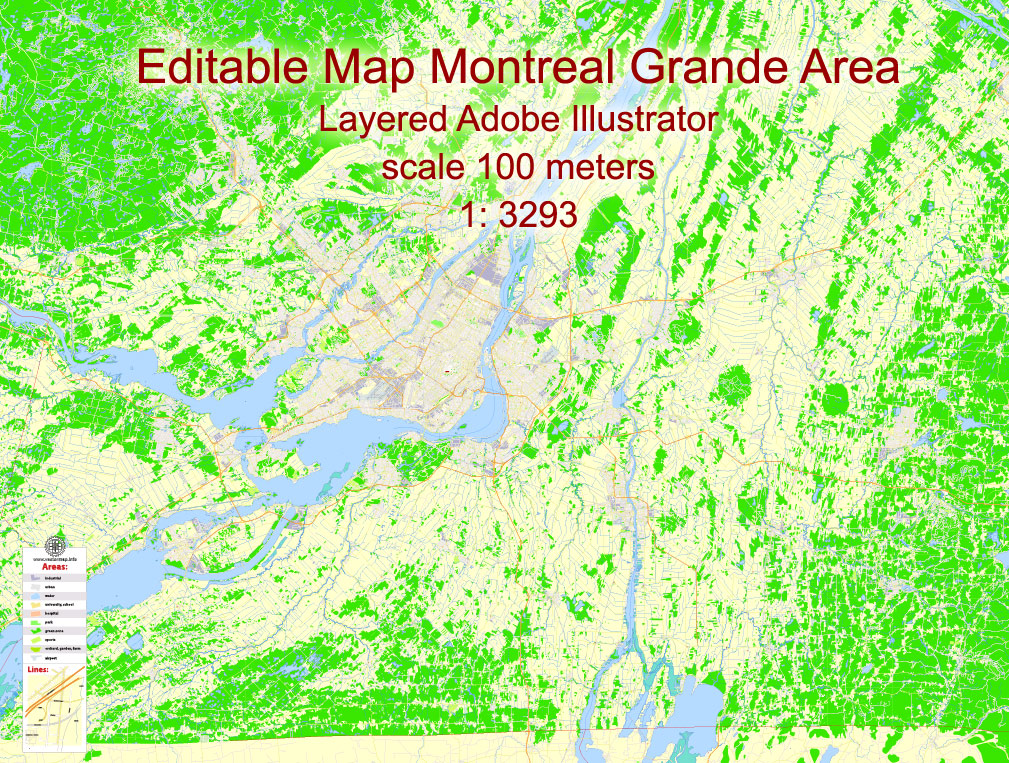 Printable Map Montreal Grande Area, Canada, exact vector Map street G-View City Plan Level 17 (100 meters scale 1:3293) full editable, Adobe Illustrator