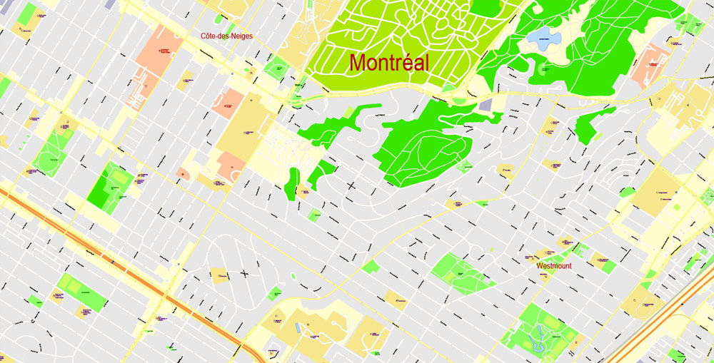 Printable Map Montreal Grande Area, Canada, exact vector Map street G-View City Plan Level 17 (100 meters scale 1:3293) full editable, Adobe Illustrator