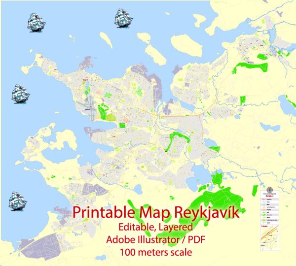 Printable Vector Map Reykjavik, Iceland, G-View level 17 (100 m scale) street City Plan map, full editable, Adobe Illustrator