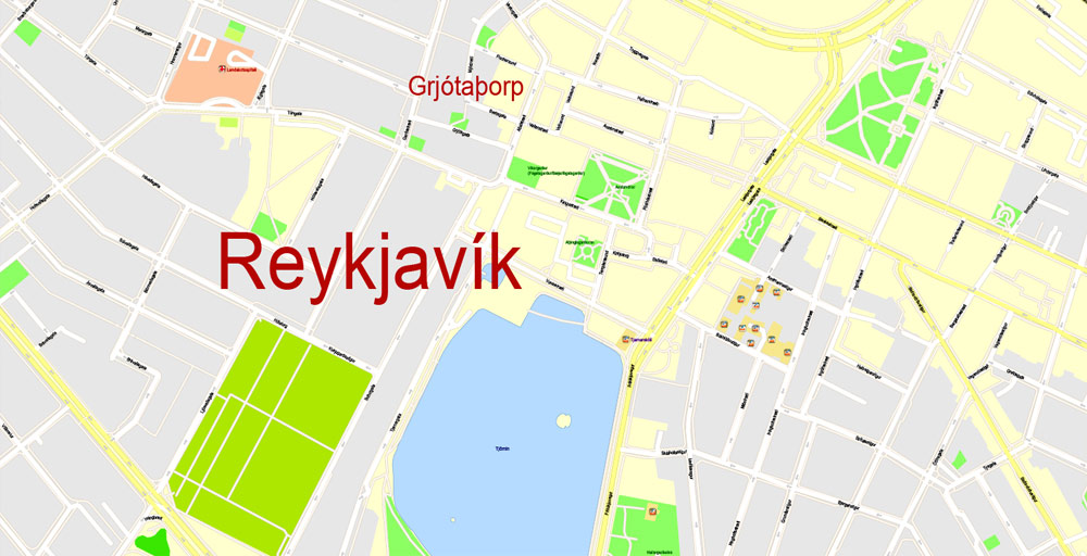 Printable Vector Map Reykjavik, Iceland, G-View level 17 (100 m scale) street City Plan map, full editable, Adobe Illustrator