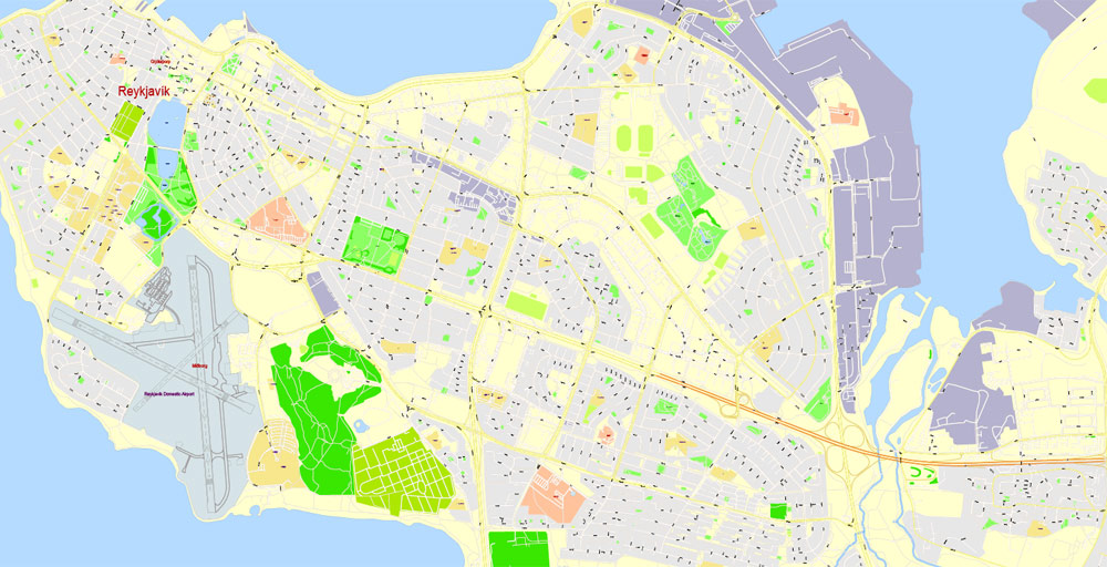 Reykjavik Printable Vector Map, Iceland, G-View level 17 (100 m scale) street City Plan map, full editable, Adobe Illustrator