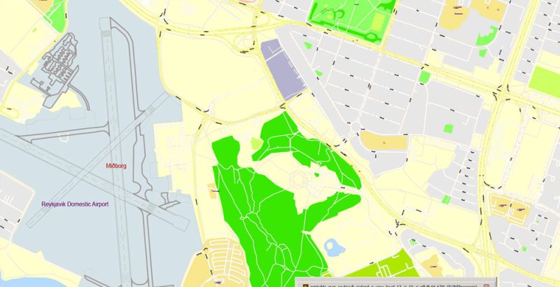 Printable Vector Map Reykjavik, Iceland, G-View level 17 (100 m scale) street City Plan map, full editable, Adobe Illustrator