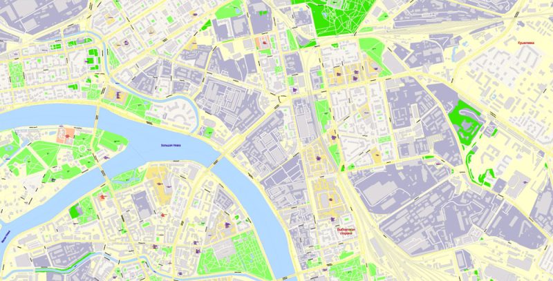 Векторная Карта Санкт-Петербург, Россия, точная подробная детальная редактируемая G-View Level 17 (100 метров масштаб) Adobe Illustrator