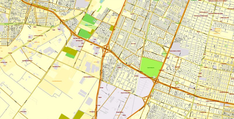 Printable Map Santiago, Chile, exact vector Map Tactical City Plan full editable, Adobe Illustrator