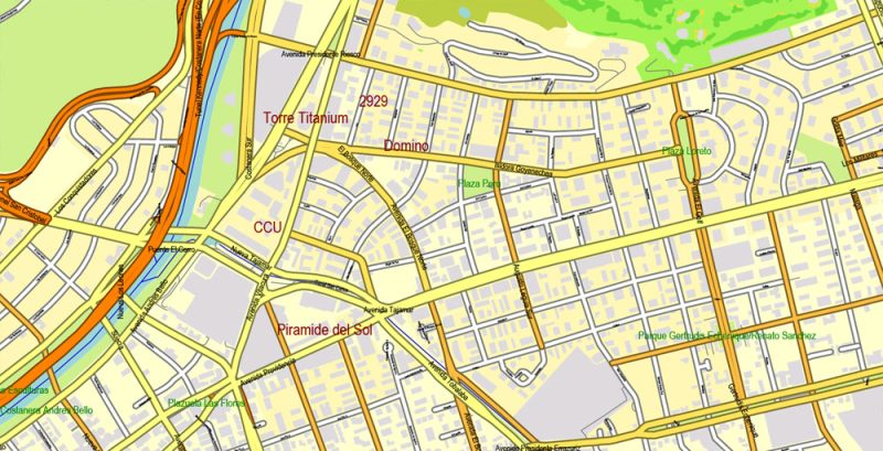 Printable Map Santiago, Chile, exact vector Map Tactical City Plan full editable, Adobe Illustrator