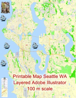 Seattle Printable Map, state Washington, US, exact vector City Plan ...