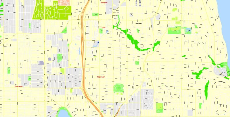 Printable Map Seattle, WA, US, exact vector Map street G-View City Plan Level 17 (100 meters scale), full editable, Adobe Illustrator