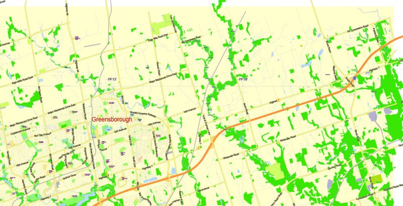 Printable Map Toronto, Canada, exact vector Map street G-View City Plan Level 13 (2000 meters scale) full editable, Adobe Illustrator