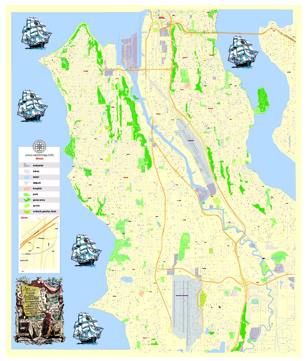 Free Printable Vector Map West Seattle WA, G-View level 17 (100 m scale) street City Plan map, full editable, Adobe Illustrator and PDF