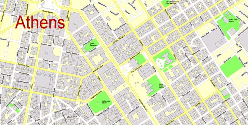 Printable Vector Map Athens + Pireas, Greece, exact City Plan with Buildings, street G-View Level 17 (100 meters scale) map English, fully editable, Adobe Illustrator