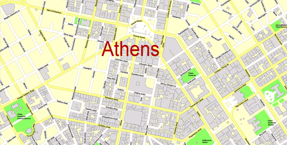 Printable Vector Map Athens + Pireas, Greece, exact City Plan with Buildings, street G-View Level 17 (100 meters scale) map English, fully editable, Adobe Illustrator
