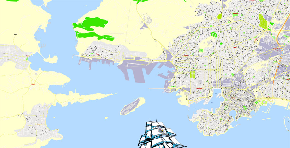 Athens + Piraeus Greece Printable Vector Map, Greece, exact City Plan with Buildings, street G-View Level 17 (100 meters scale) map Greek, fully editable, Adobe Illustrator