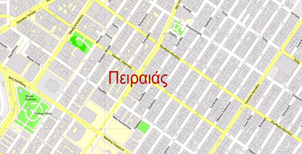 Printable Vector Map Athens + Pireas, Greece, exact City Plan with Buildings, street G-View Level 17 (100 meters scale) map Greek, fully editable, Adobe Illustrator