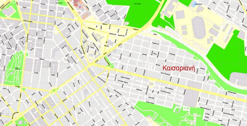 Printable Vector Map Athens + Pireas, Greece, exact City Plan with Buildings, street G-View Level 17 (100 meters scale) map Greek, fully editable, Adobe Illustrator