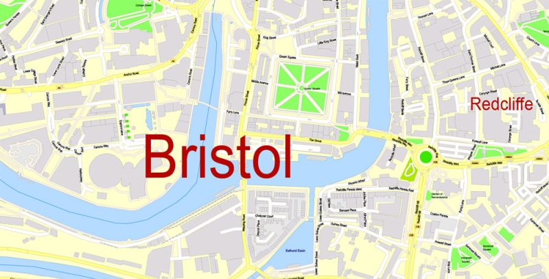 Printable Map Bristol Urban Area, England, exact vector street map City Plan G-View Level 17 (100 m scale), fully editable, Adobe Illustrator