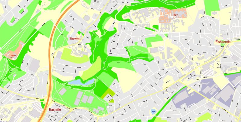 Printable Map Bristol Urban Area, England, exact vector street map City Plan G-View Level 17 (100 m scale), fully editable, Adobe Illustrator