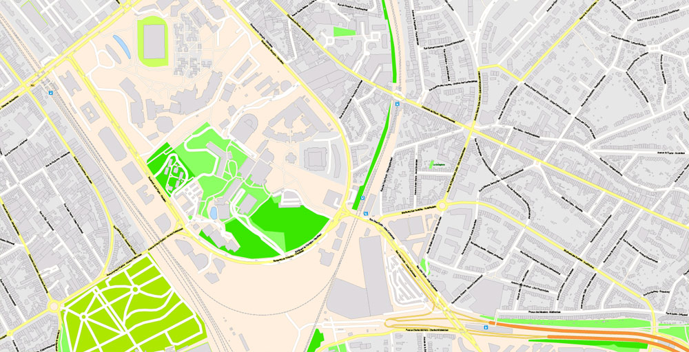 Printable Vector Map Bruxelles Brussels, Belgium, exact City Plan ALL Buildings, street G-View Level 17 (100 meters scale) map, fully editable, Adobe Illustrator
