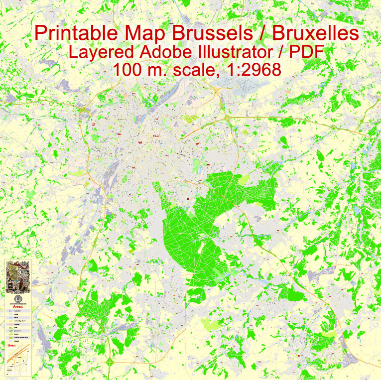 Printable Vector Map Bruxelles Brussels, Belgium, exact City Plan street G-View Level 17 (100 meters scale) map, fully editable, Adobe Illustrator