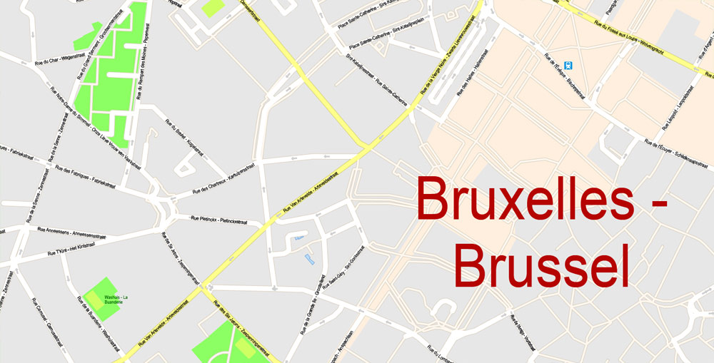 Printable Vector Map Bruxelles Brussels, Belgium, exact City Plan street G-View Level 17 (100 meters scale) map, fully editable, Adobe Illustrator