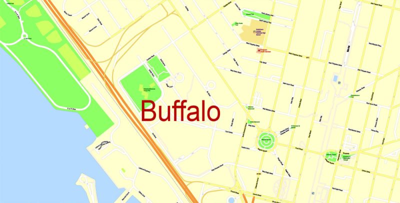 Printable Map Buffalo + Niagara Falls + St. Catharines , US and CA, exact vector Map street G-View City Plan Level 17 (100 meters scale), full editable, Adobe Illustrator
