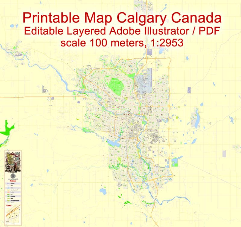 Printable Map Calgary City Large Area, Canada, exact Map City Plan Level G-View 17 (100 meters scale) full editable, Adobe Illustrator