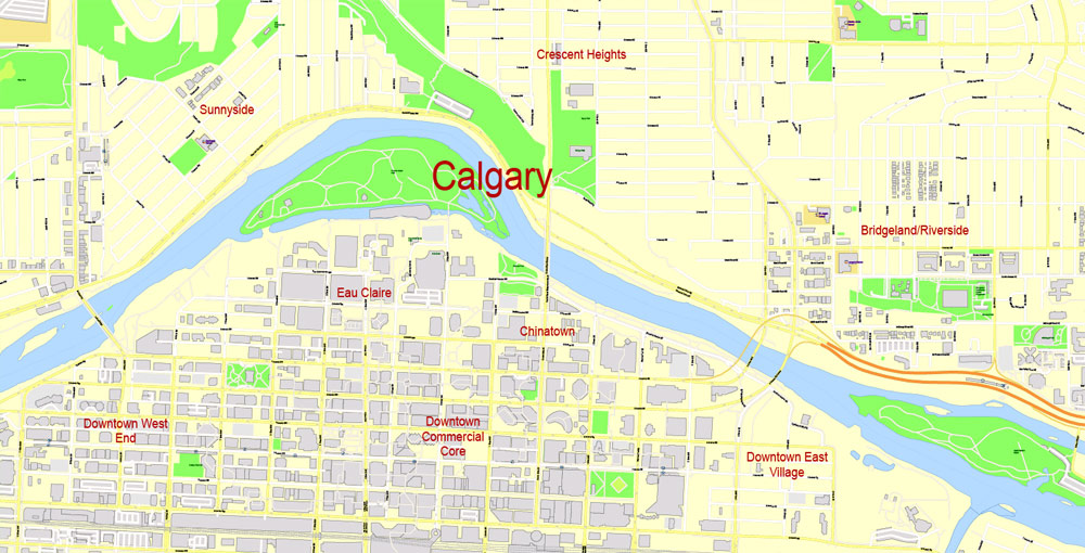 Printable Map Calgary City Large Area, Canada, exact Map City Plan Level G-View 17 (100 meters scale) full editable, Adobe Illustrator