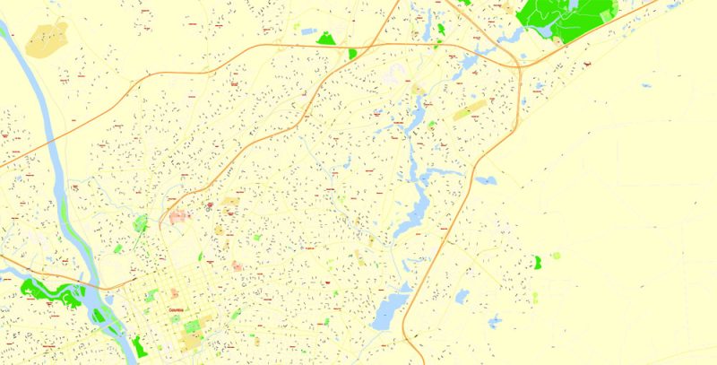 Printable Vector Map Columbia, South Carolina US, exact vector Map street G-View City Plan Level 17 (100 meters scale) full editable, Adobe Illustrator