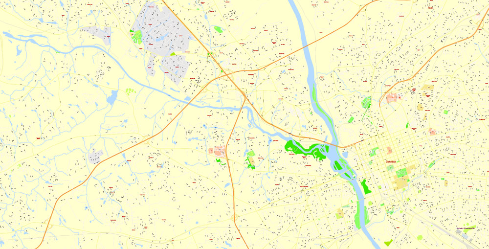 Printable Vector Map Columbia, South Carolina US, exact vector Map street G-View City Plan Level 17 (100 meters scale) full editable, Adobe Illustrator