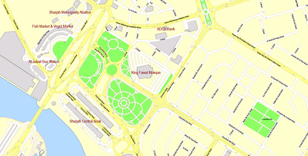 Printable Vector Map Dubai, UAE, exact City Plan + Principal Buildings, street G-View Level 17 (100 meters scale) map, fully editable,CorelDraw