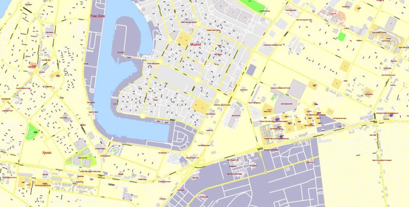 Printable Vector Map Dubai, UAE, exact City Plan + Principal Buildings, street G-View Level 17 (100 meters scale) map, fully editable,CorelDraw