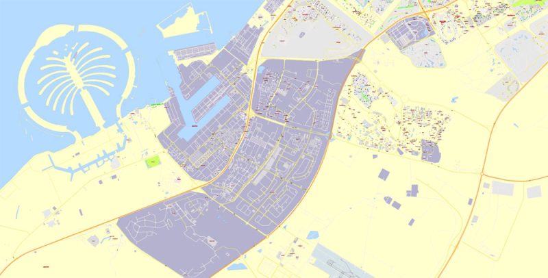 Dubai Printable Vector Map, UAE, exact City Plan  + Principal Buildings, street G-View Level 17 (100 meters scale) map, fully editable, CorelDraw