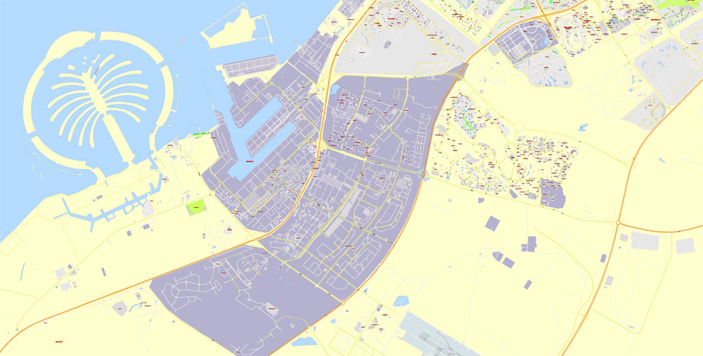 Dubai Editable PDF Map, UAE, exact City Plan  + Principal Buildings, street G-View Level 17 (100 meters scale) map, fully editable, Adobe PDF