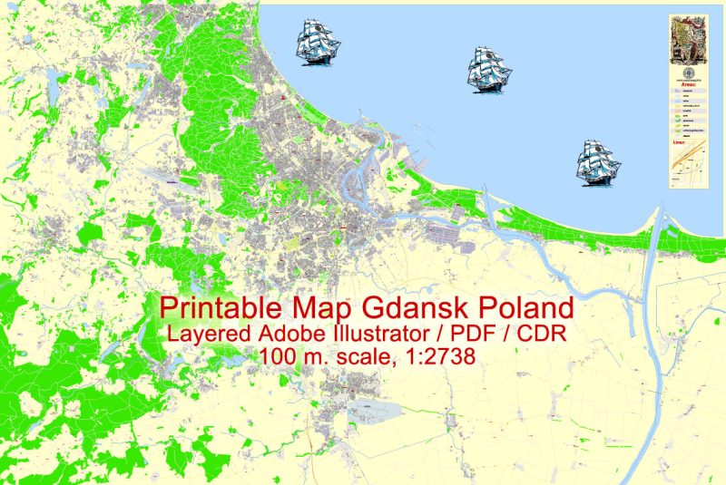 Printable Map Gdansk, Poland, exact vector street G-View Level 17 (100 meters scale) map, all buildings, full editable, Adobe Illustrator