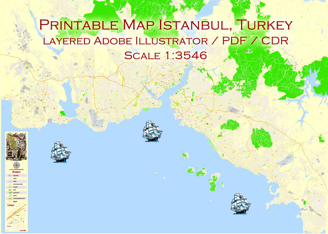 Istanbul Editable PDF Vector Map, Turkey, exact City Plan, 100 meters scale street map, fully editable, Adobe PDF