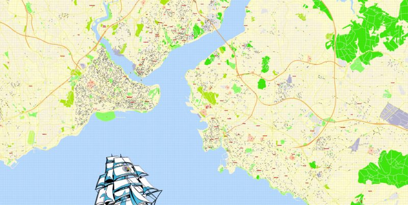 Printable Vector Map Istanbul, Turkey, exact City Plan, street G-View Level 17 (100 meters scale) map, fully editable, Adobe Illustrator