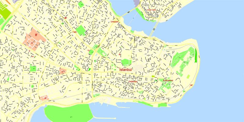 Printable Vector Map Istanbul, Turkey, exact City Plan, street G-View Level 17 (100 meters scale) map, fully editable, Adobe Illustrator