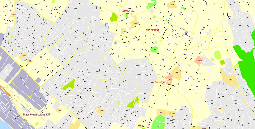 Printable Map Jamaica Full, exact Map City Plan Level G-View 17 (100 meters scale) full editable, Adobe Illustrator