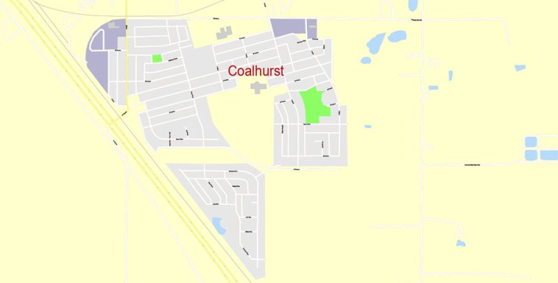 Printable Map Lethbridge + Coaldale + Fort Macleod, Alberta, Canada, exact Map City Plan Level G-View 17 (100 meters scale) full editable, Adobe Illustrator