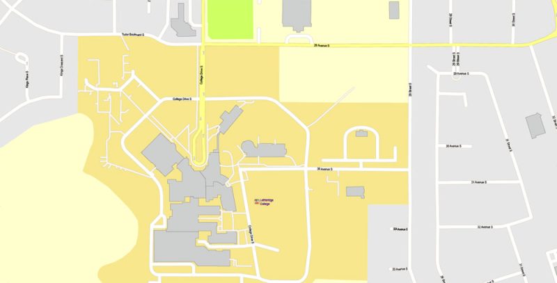 Printable Map Lethbridge + Coaldale + Fort Macleod, Alberta, Canada, exact Map City Plan Level G-View 17 (100 meters scale) full editable, Adobe Illustrator