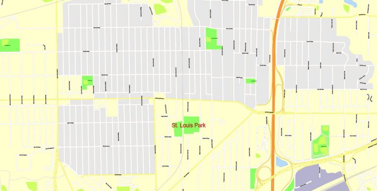 Minneapolis + St. Paul Printable Map, Minnesota US, exact vector Map ...