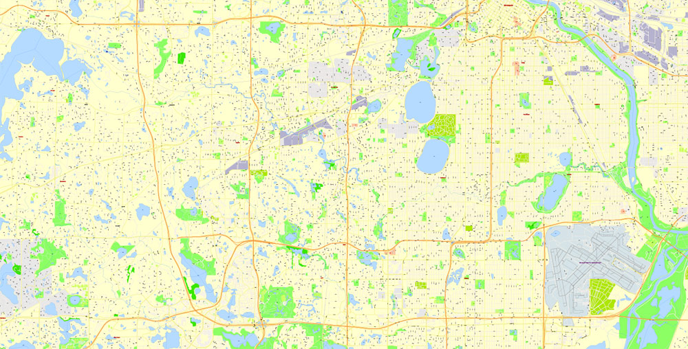 Printable Map Minneapolis + Saint Paul, Minnesota US, exact vector Map street G-View City Plan Level 17 (100 meters scale) full editable, Adobe Illustrator